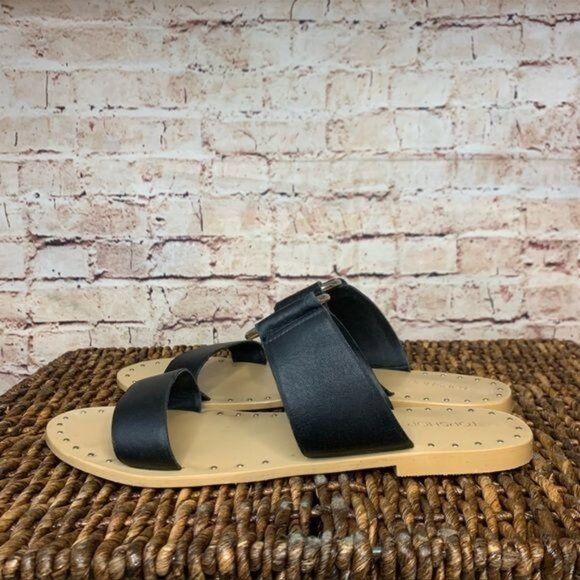 TOPSHOP HOORAY BLACK LEATHER SILVER RING SANDALS Sz 9.5 - Picture 4 of 9